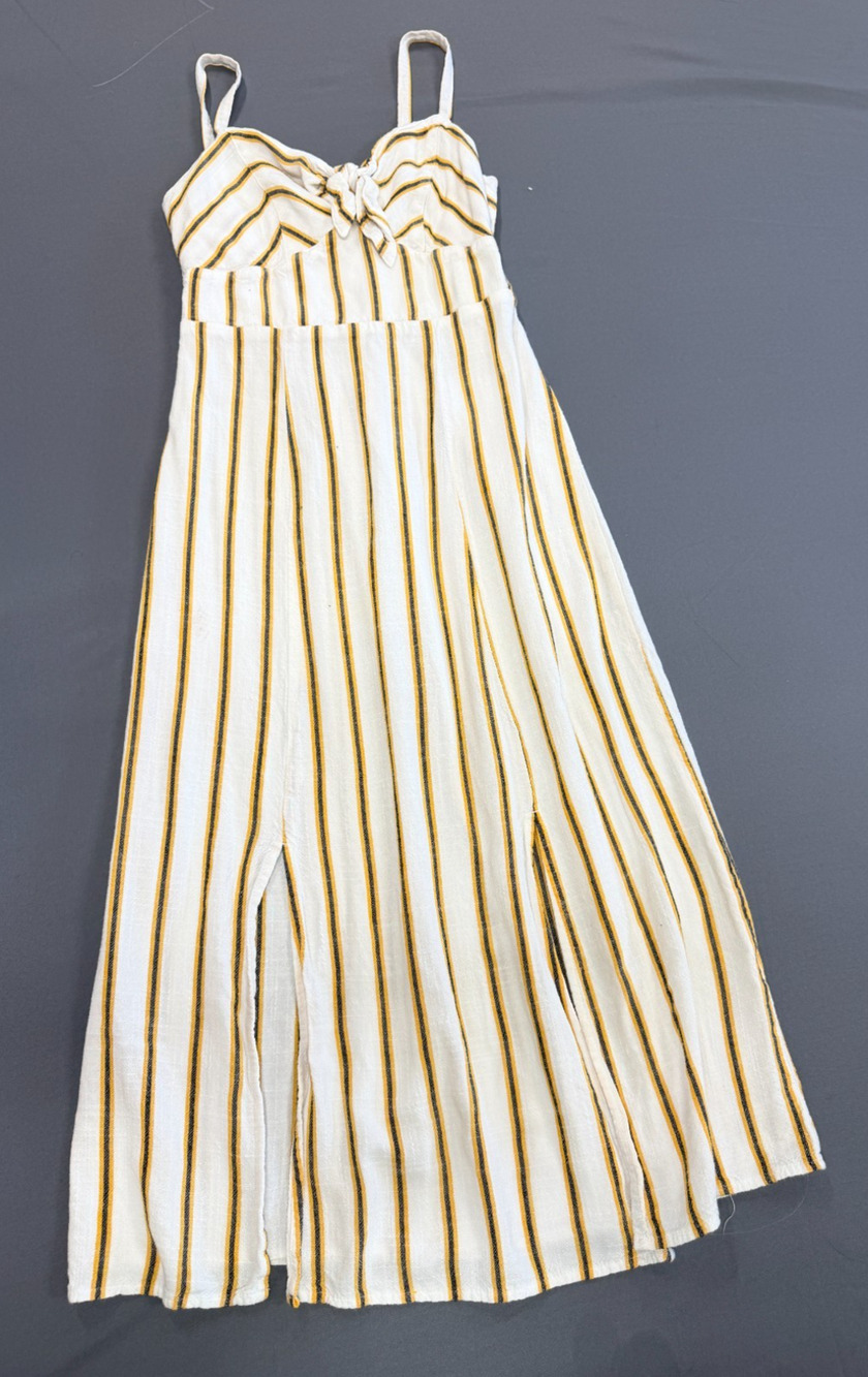 SO Juniors XS White Striped Linen Blend Midi Dress Lightweight Side Slits